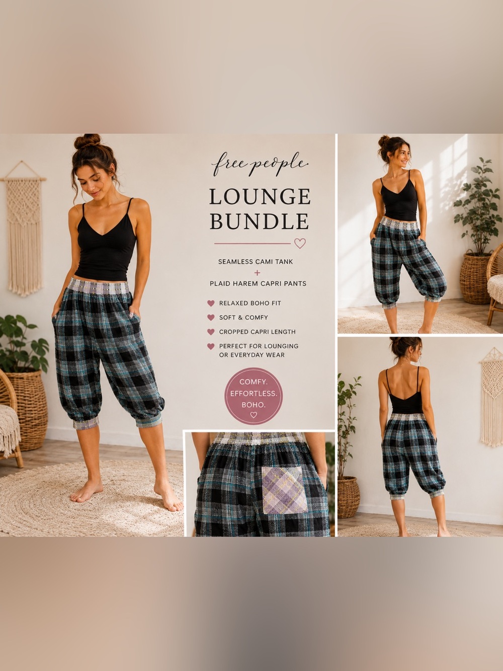 Free People Lounge Set Black Seamless Cami Plaid Harem Capri Pants Boho